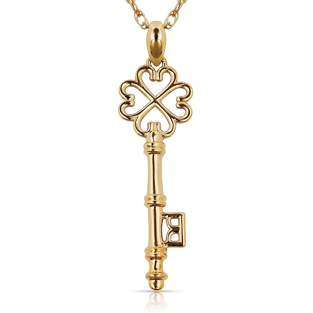 14K Solid Yellow Gold Key of LOVE Pendant Necklace Jewelry